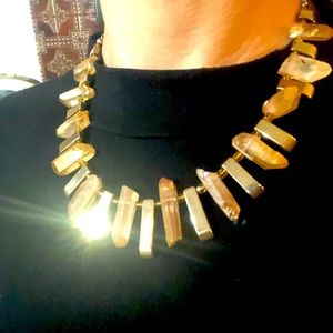 Amber Quartz Crystal & Gold Hematite Fan Statement Necklace